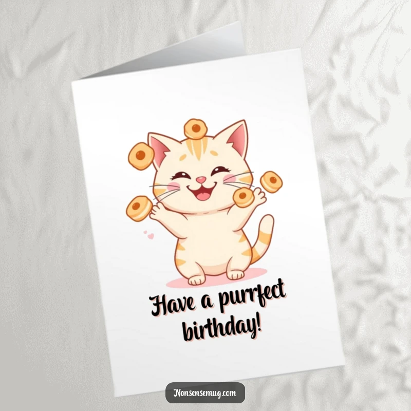 Funny Free Printable Birthday Card: Cat juggling sentient breakfast pastries with a silly grin, a hilarious downloadable gift.