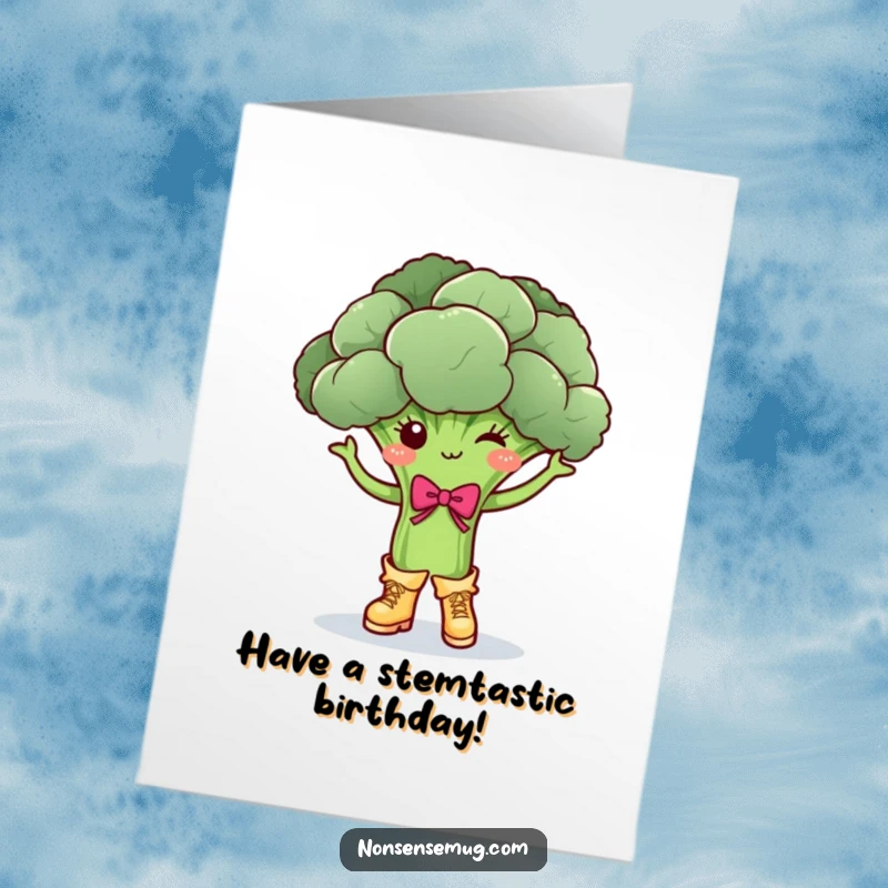 Funny Free Printable Birthday Card: A dancing broccoli wearing tiny boots and a tiny bow, celebrating with joy. Downloadable.