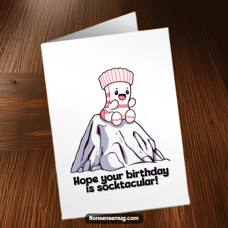 Funny Free Printable Birthday Card: A brave sock valiantly climbs Mount Laundry, celebrating their big day.