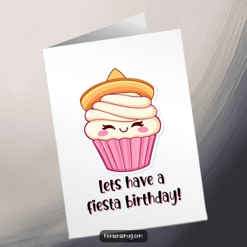 Funny Free Printable Birthday Card: Cupcake character winking with a sombrero, adding party flair.