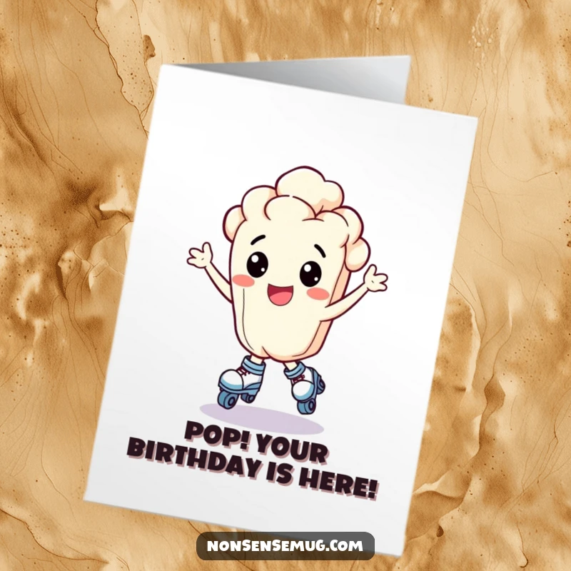 Funny Free Printable Birthday Card: A popcorn kernel on roller skates, bouncing with exhilaration, celebrating a birthday.
