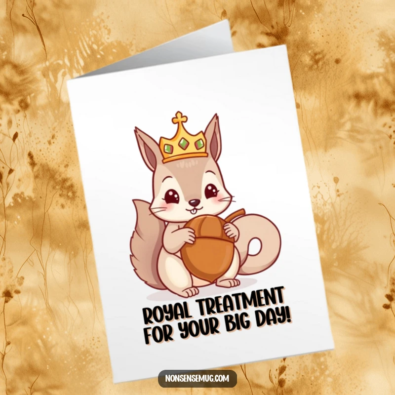 Funny Free Printable Birthday Card with a crowned squirrel excitedly receiving a massive acorn, perfect for a royal celebration.