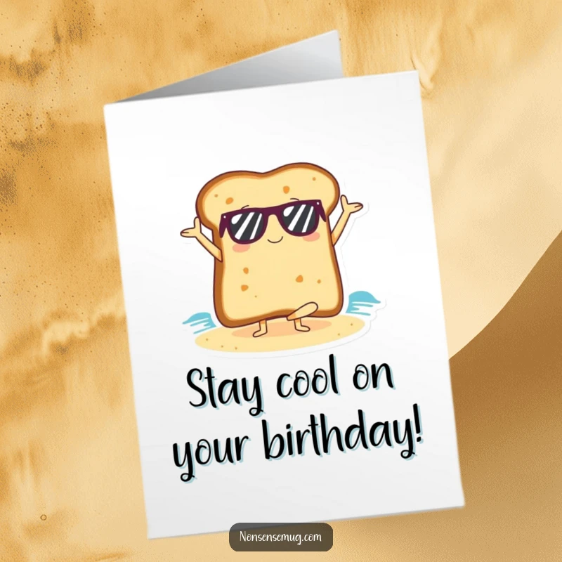 Funny Free Printable Birthday Card: Slice of Toast with Sunglasses Doing a Yoga Pose on a Sunny Beach