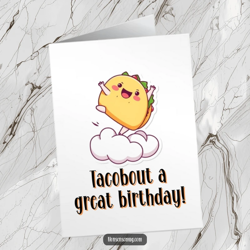 Funny Free Printable Birthday Card: A playful taco performs a cool backflip off a fluffy cloud, celebrating with energetic flair.