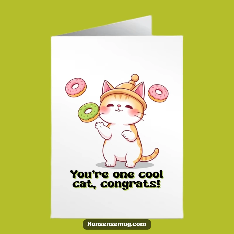 Free Printable Congrats Card: Cat's Donut Juggling Triumph Downloadable