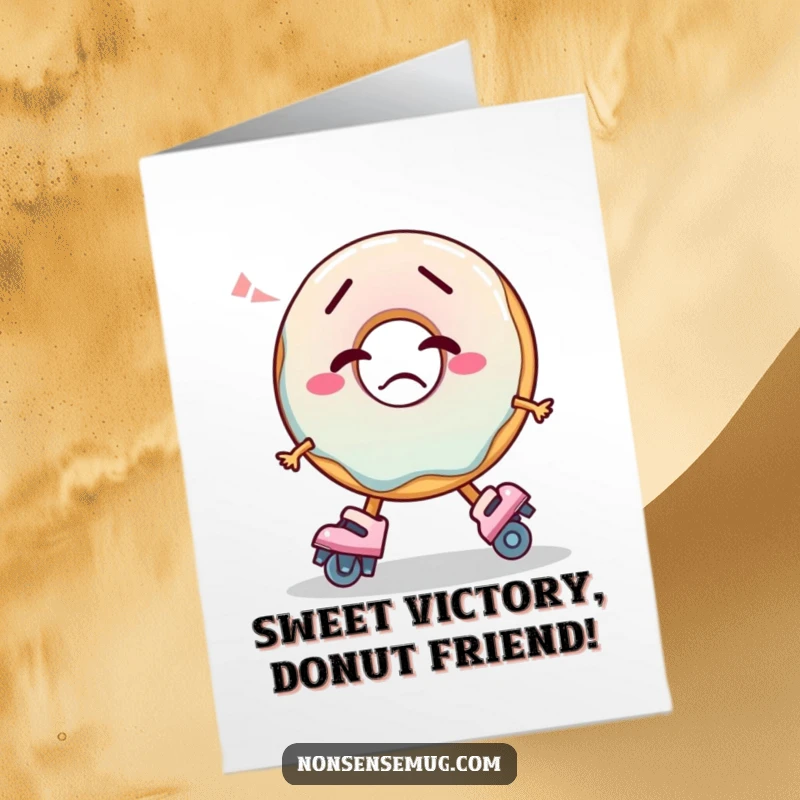 Funny Free Printable Congratulations Card: A confused donut struggles with roller skates, celebrating your achievement.