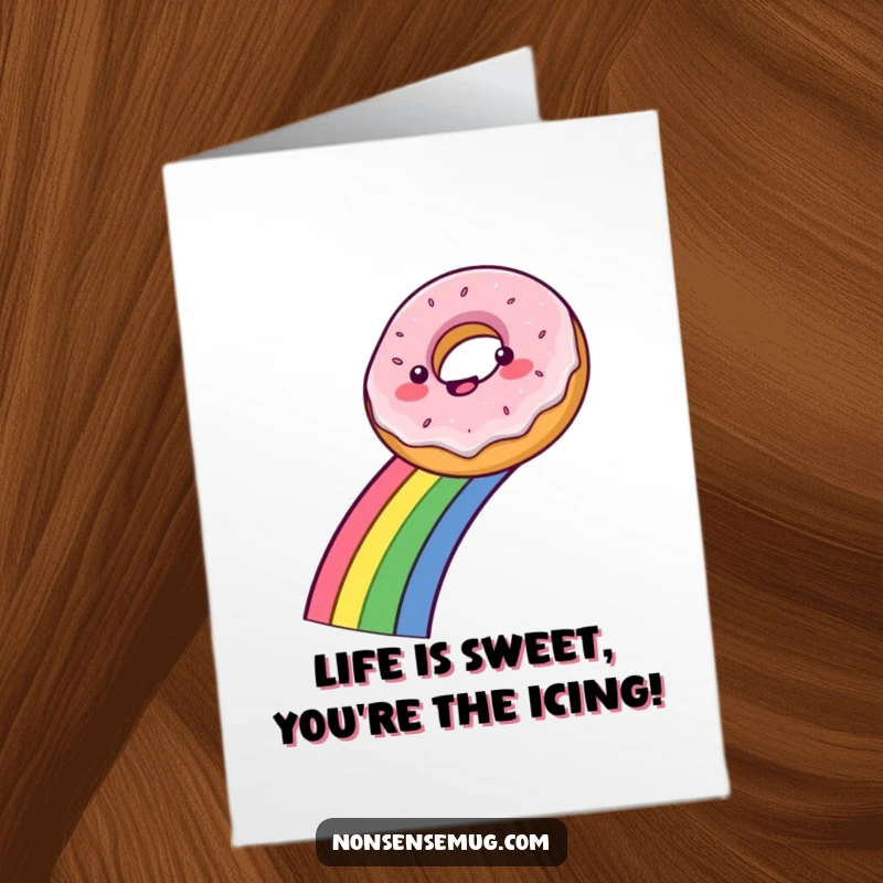 Funny Free Printable Congratulations Card: A happy donut sliding down a bright rainbow, symbolizing a sweet success story.