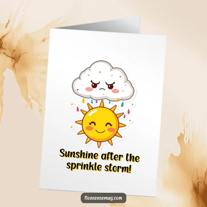 Funny Free Printable Congrats Card: A grumpy cloud showers colorful sprinkles onto a beaming sun, a delightful contrast.