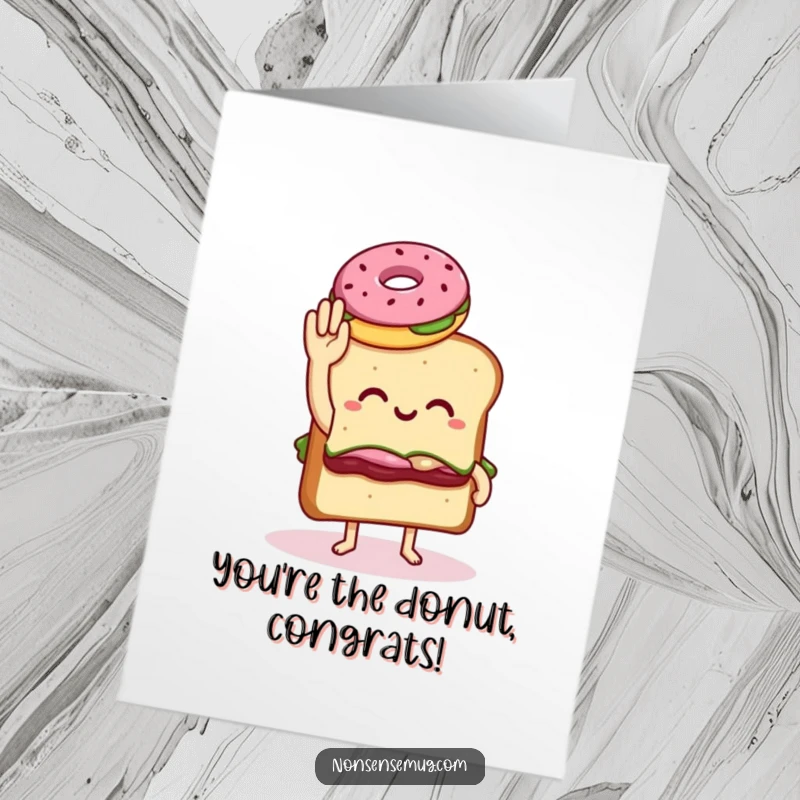 Funny free printable congratulations card: a sandwich with legs awkwardly reaches out to high five a donut, celebrating success.