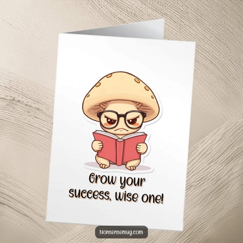 Funny Free Printable Congratulations Card: A grumpy mushroom wearing glasses reads a book, acknowledging a success.