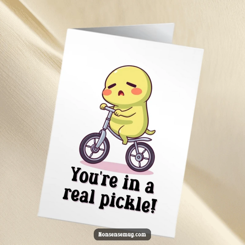 Funny Free Printable Congratulations Card: A determined pickle skillfully riding a unicycle, celebrating an achievement.