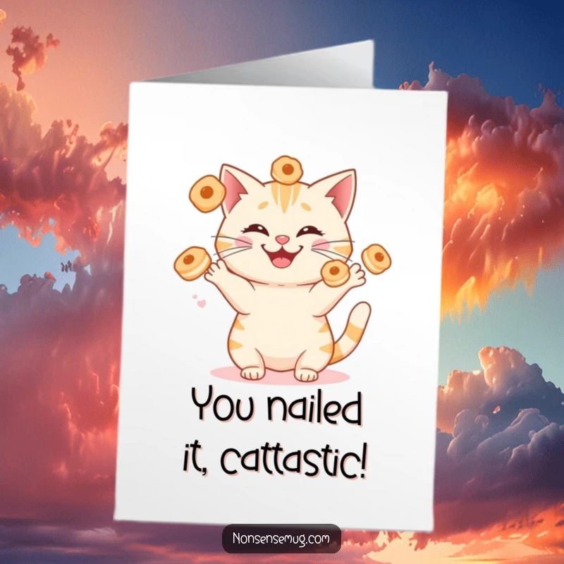 Funny Free Printable Congratulations Card: Cat juggling pastries with a silly grin, perfect for a downloadable gift.