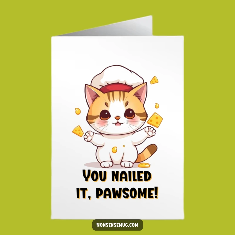 Free Printable Congrats Card: Cat Chef Cheese Juggling Funny Downloadable Gift