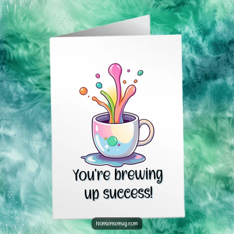 Funny Free Printable Congratulations Card: Coffee mug spills a lively rainbow, a celebratory downloadable gift.