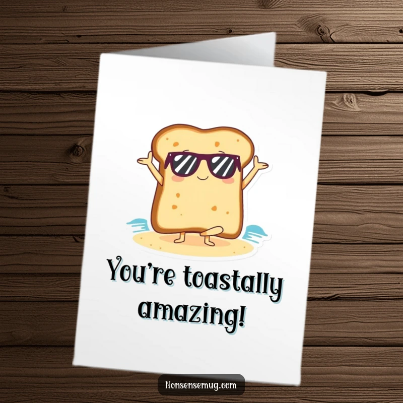Funny Free Printable Congrats Card: Cool Slice of Toast in Sunglasses Performing Yoga on a Beach, Celebrating a Win