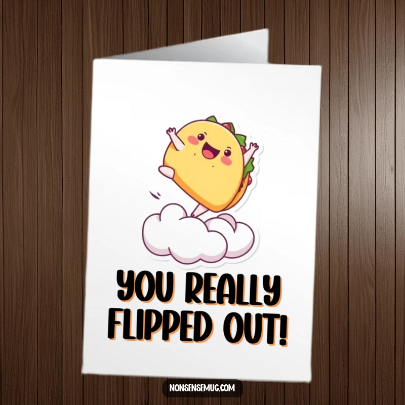 Funny Free Printable Congratulations Card: A playful taco executes a daring backflip from a cloud, celebrating success with spectacular style.