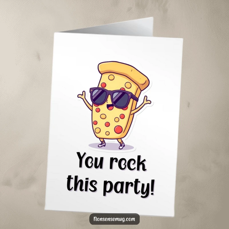 Funny Free Printable Congratulations Card: A pizza slice with sunglasses dancing, celebrating a big win.