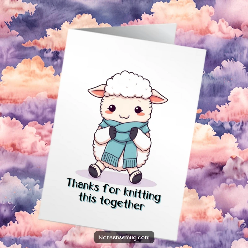 Funny Free Printable Thank You Card: A fluffy sheep humorously tries to knit a scarf on its own feet, a unique way to show thanks.