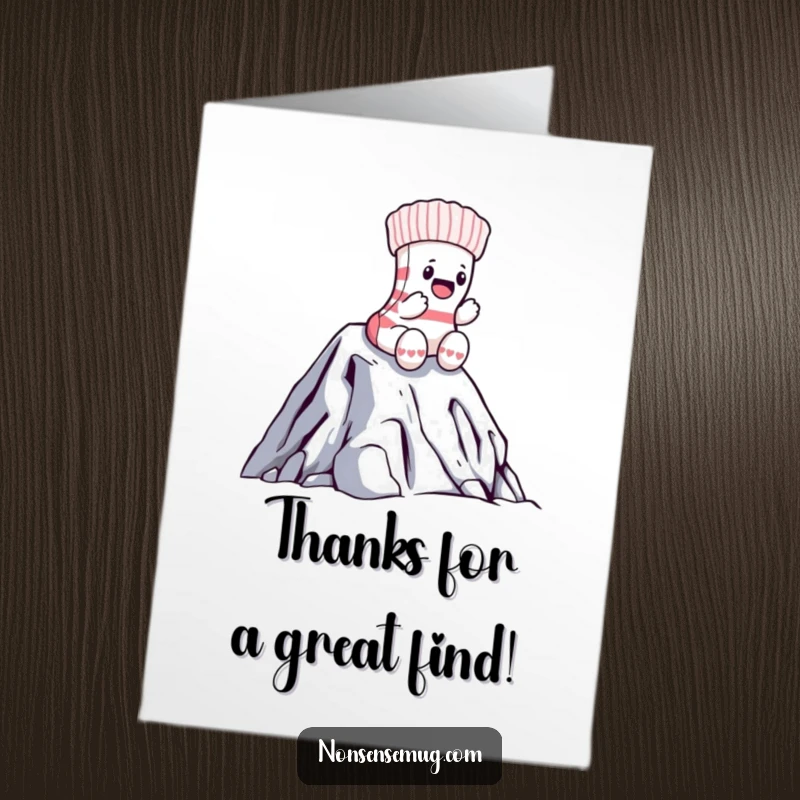 Funny Free Printable Thank You Card: A brave sock climbs Mount Laundry, offering thanks for their epic effort.