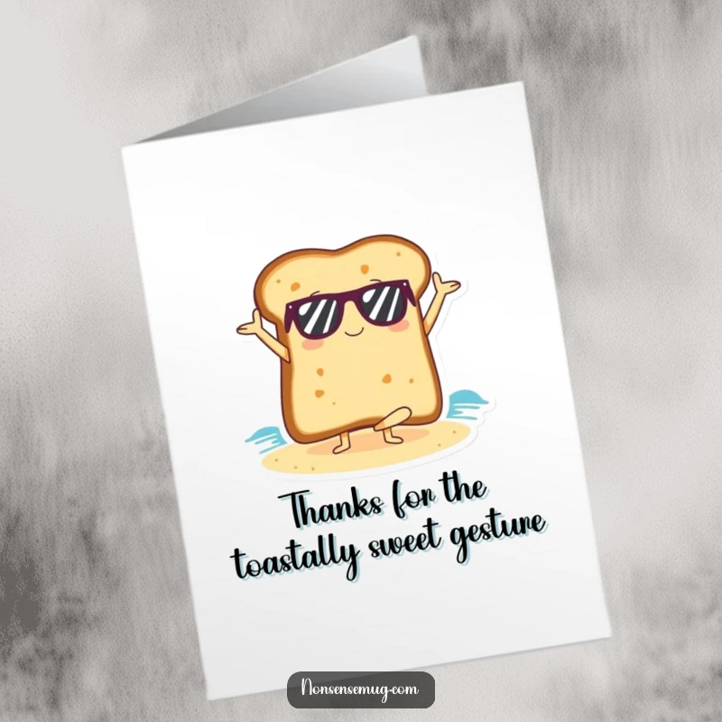 Funny Free Printable Thank You Card: Slice of Toast with Sunglasses Doing a Yoga Pose on a Beach, Expressing Thanks