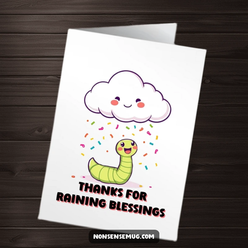 Funny Free Printable Thank You Card: A happy cloud rains colorful confetti on a bewildered worm, a surreal and amusing thank you.