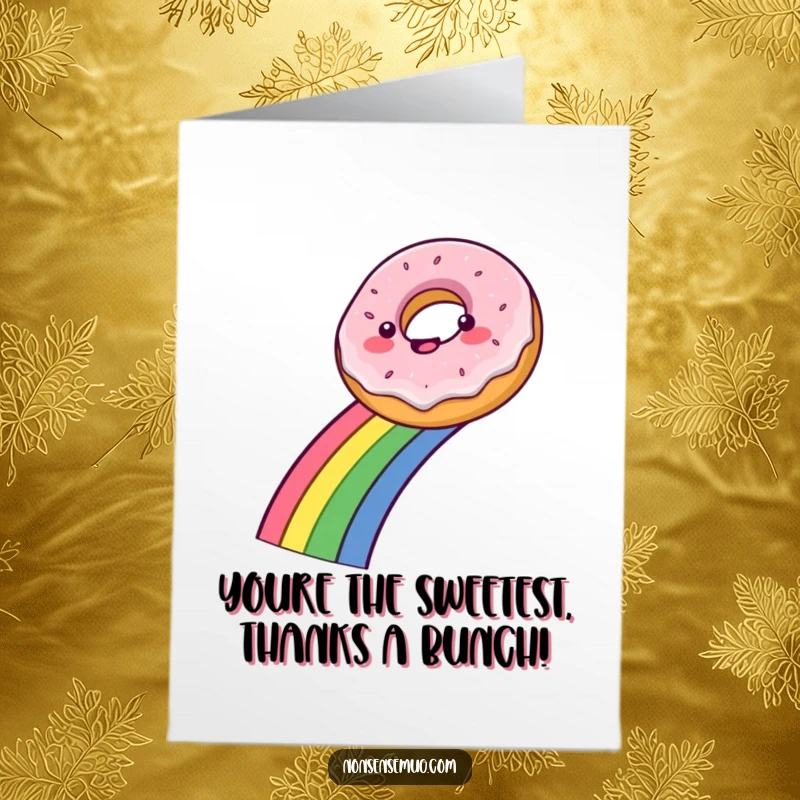Funny Free Printable Thank You Card: A smiling donut gracefully sliding down a colorful rainbow, conveying thanks with delight.
