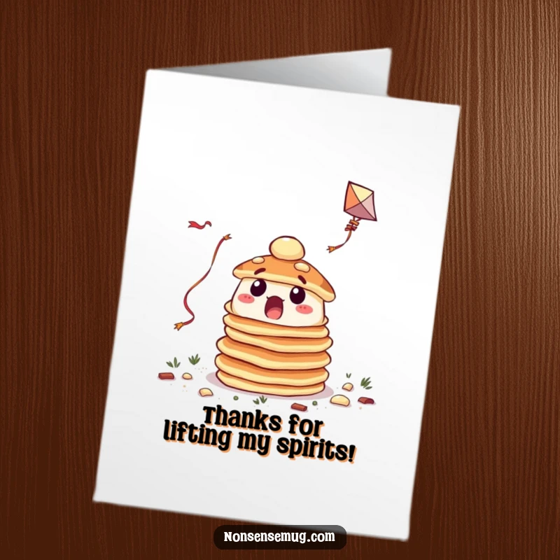 Funny Free Printable Thank You Card: A pile of shocked pancakes hilariously failing to fly a kite, a quirky expression of thanks.