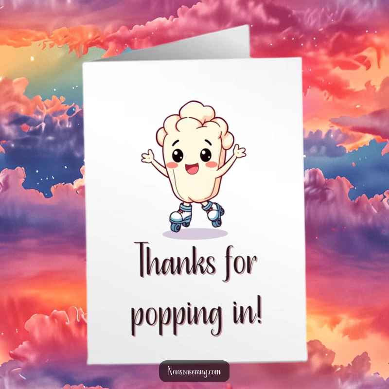 Funny Free Printable Thank You Card: A popcorn kernel on tiny roller skates, bouncing with excitement while saying thank you.