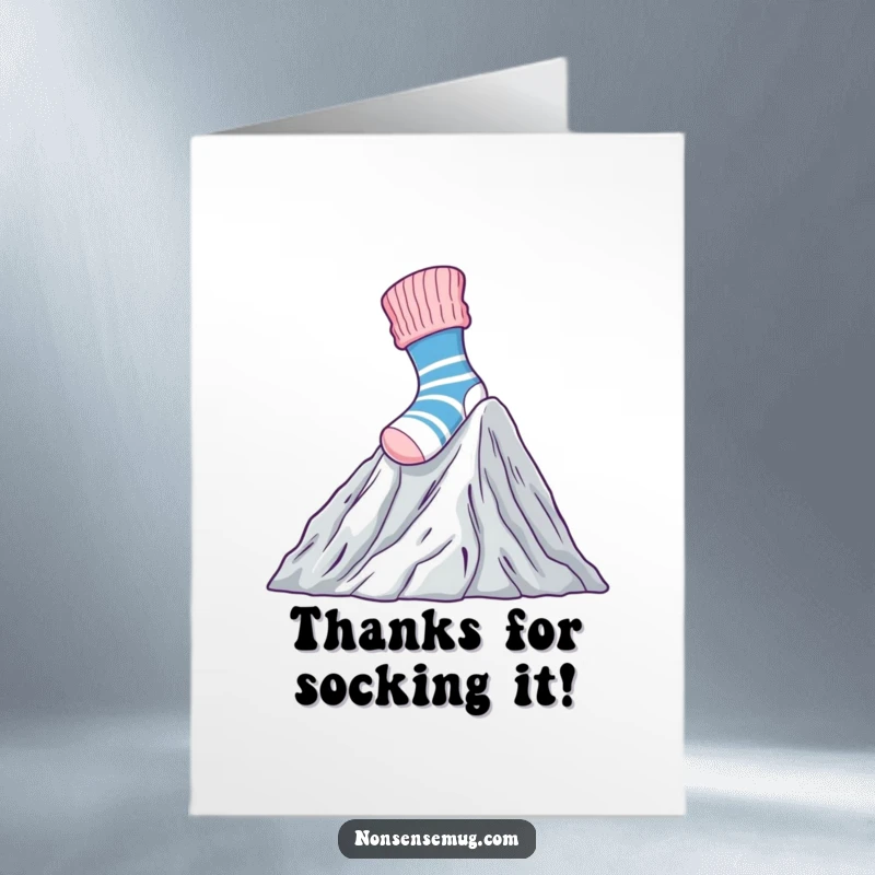 Funny Free Printable Thank You Card: A brave sock scales Mount Laundry, offering thanks.