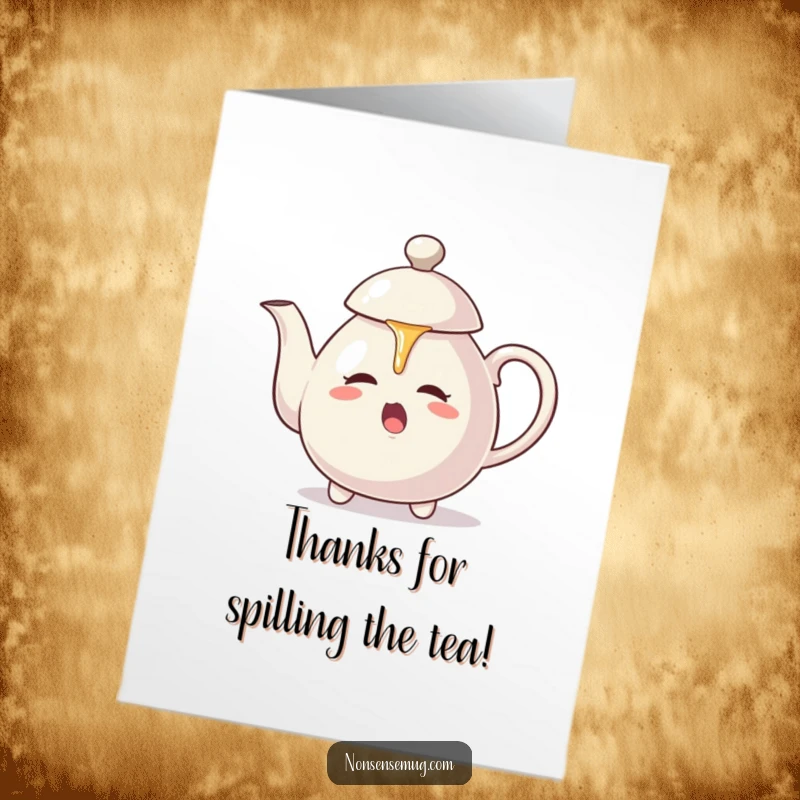 Funny Free Printable Thank You Card: A teapot aggressively pours tea onto its lid, a dramatic and funny thank you gesture.