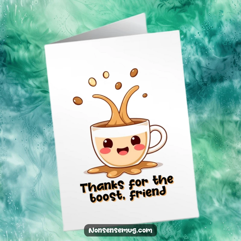 Funny Free Printable Thank You Card: A surprised coffee cup spilling with glee, a unique way to say thanks.