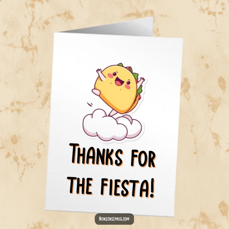 Funny Free Printable Thank You Card: A playful taco is captured mid-backflip from a cloud, expressing gratitude with energetic flavor.