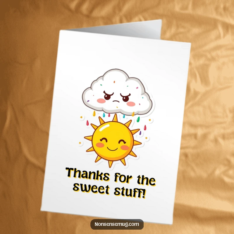 Funny Free Printable Thank You Card: A grumpy cloud smilingly rains colorful sprinkles onto a cheerful sun.
