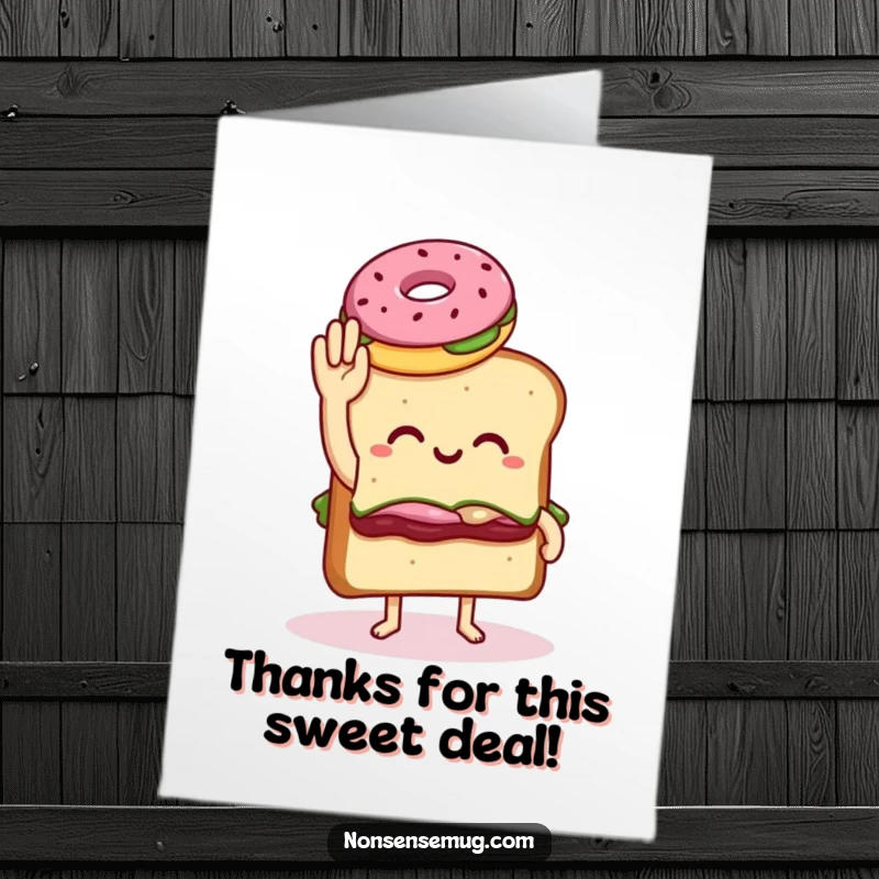 Funny free printable thank you card: a sandwich with legs awkwardly tries to high five a donut, a gesture of food appreciation.