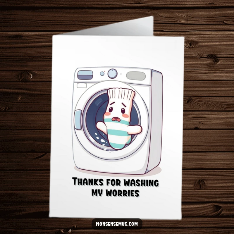Funny Free Printable Thank You Card: A confused sock breaks free from a washing machine, a relatable symbol of escaping obligations.