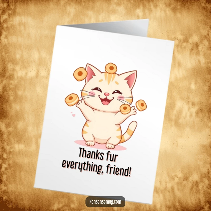 Funny Free Printable Thank You Card: Cat juggling breakfast pastries with a silly grin, a unique downloadable gift.