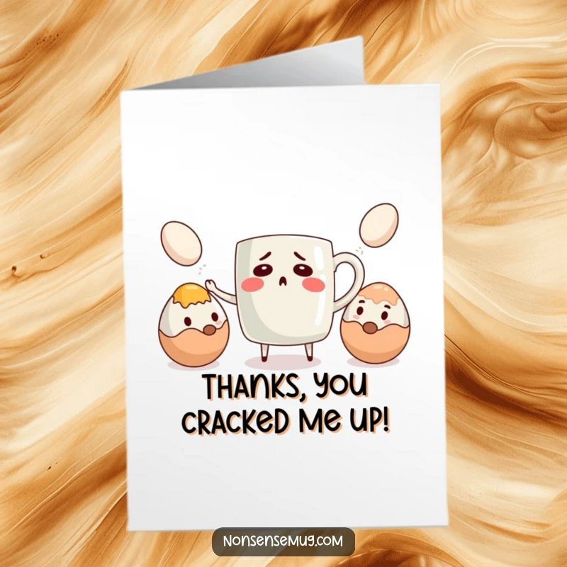 Funny Free Printable Thank You Card: A bewildered coffee mug is in the middle of juggling eggs, offering a funny thanks.