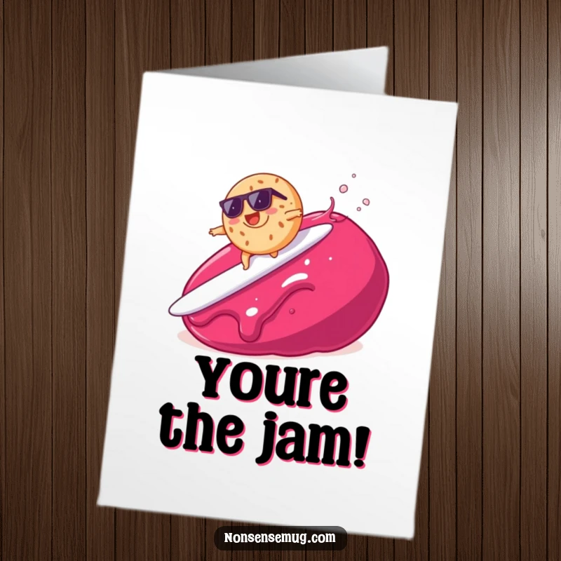 Funny Free Printable Thank You Card of a bagel in sunglasses successfully surfing a massive jam splat, offering cool gratitude.