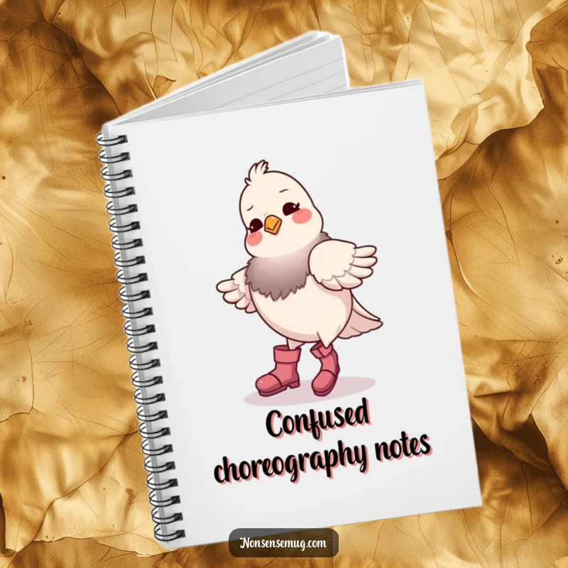 Funny pigeon wearing boots, attempting a dance, on the cover of a notebook, inspiring funny thoughts and creative doodles.