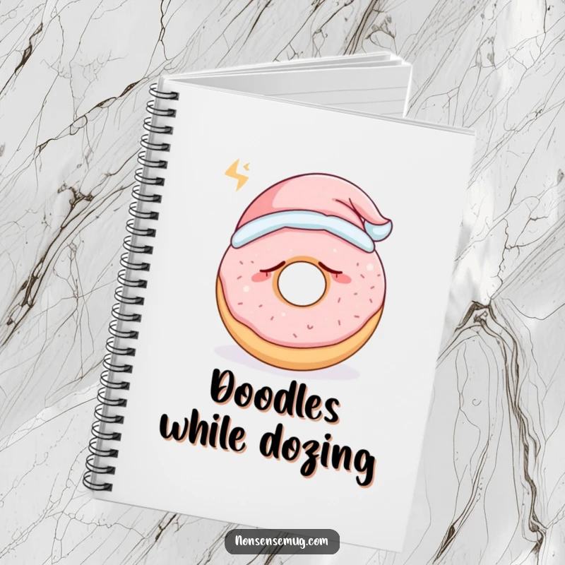 Funny sleepy donut wearing a tiny nightcap and snoring loudly, on a notebook cover, a sweet funny gift.