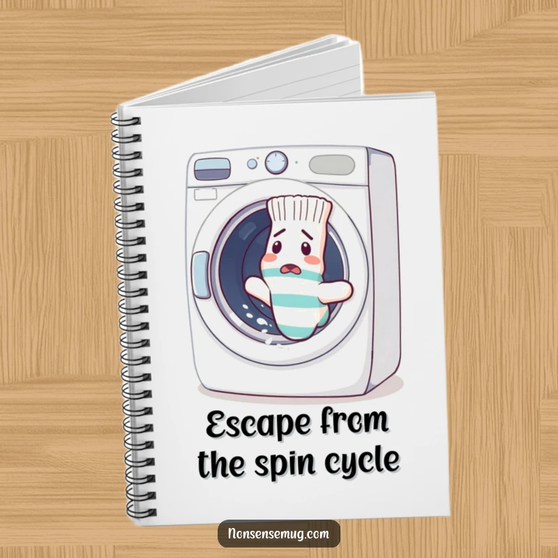 Funny sock escaping a washing machine on a notebook cover, looking frantic. A humorous and functional funny gift for note-takers.