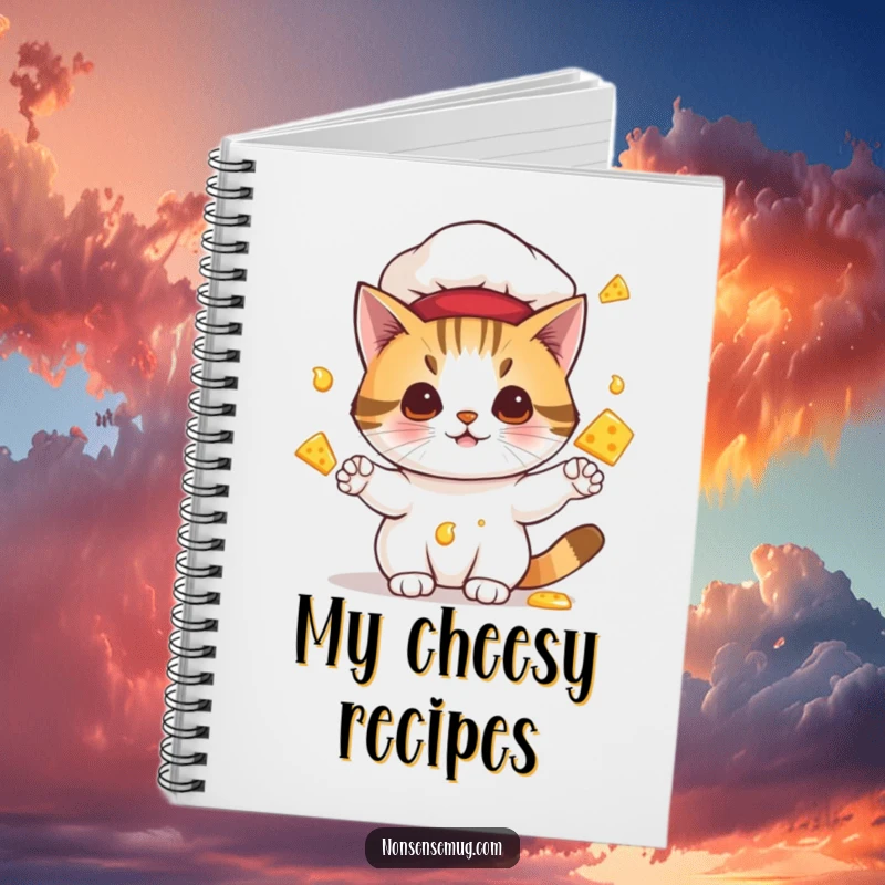 Funny notebook cover featuring a cat chef juggling melting cheese, perfect for humorous note-taking and recipe logging.