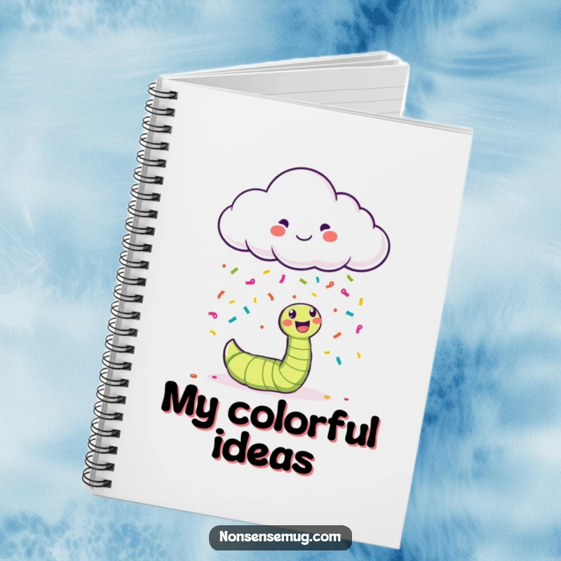 Funny happy cloud raining confetti on a bewildered worm on a notebook cover.