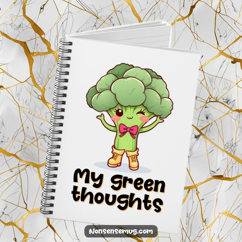 Funny broccoli character, dancing happily in boots and a bow, on a notebook cover, a great funny gift.