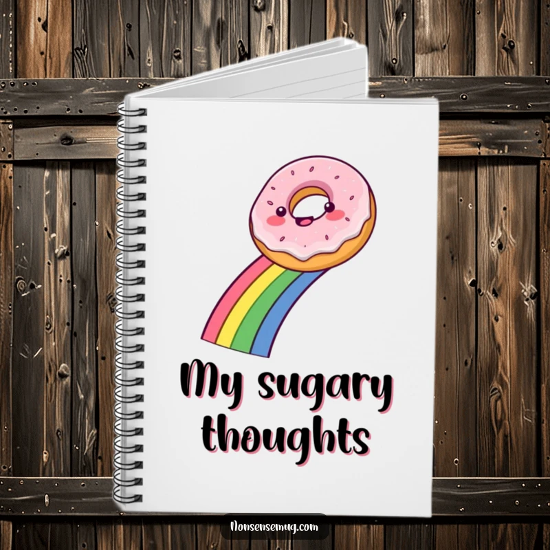 Funny notebook with a happy donut sliding down a vibrant rainbow, ideal for jotting down sweet thoughts.