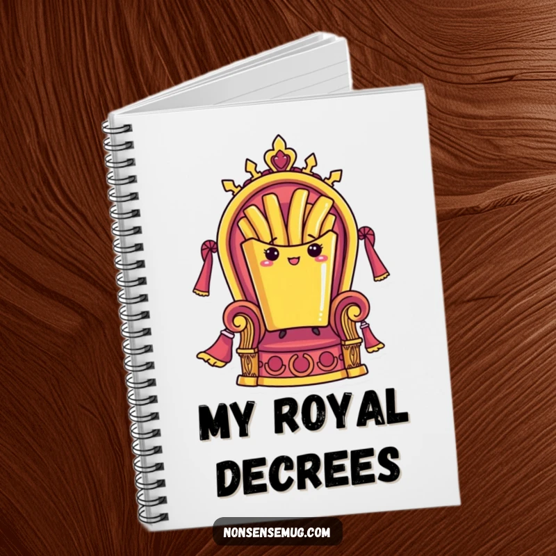 Funny notebook with a French fry standing proudly on a throne, perfect for jotting down plans with a touch of humorous authority.