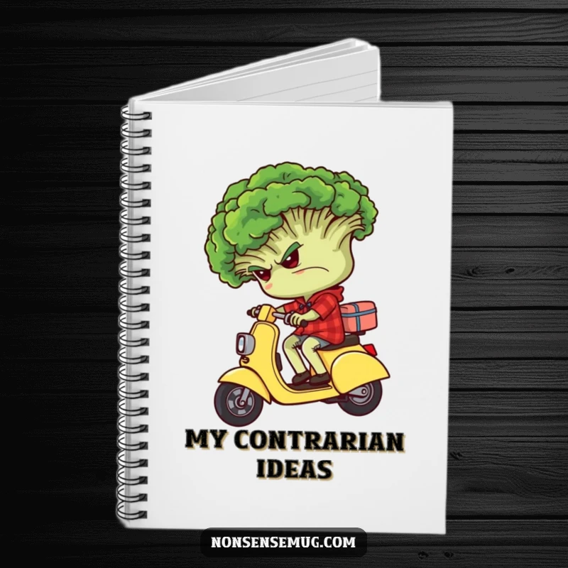 Funny grumpy broccoli character riding backwards on a tiny scooter, on a notebook cover.