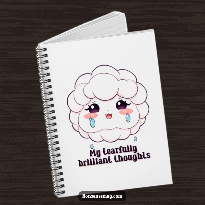 Funny notebook cover with a fluffy cloud character happily crying tears of joy, perfect for journaling emotional thoughts.