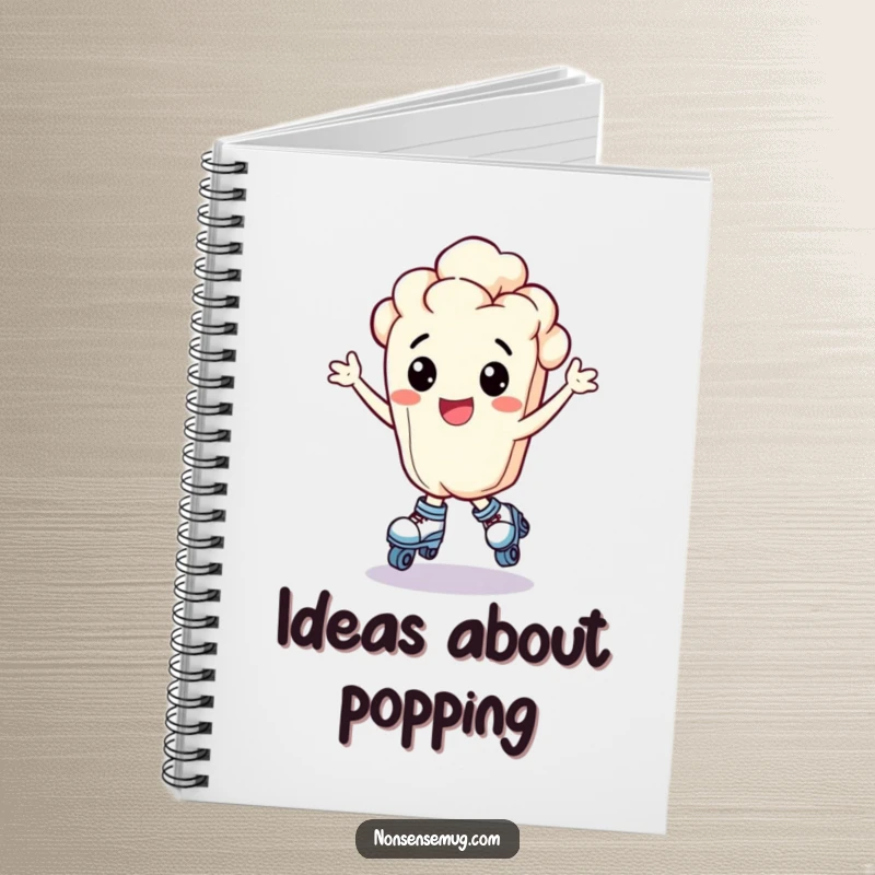 Funny bouncing popcorn kernel wearing tiny roller skates and looking exhilarated, on a notebook cover, a useful funny gift.