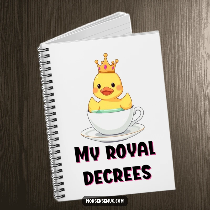 Funny rubber duck wearing a tiny crown, floating in a teacup, on the cover of a notebook.